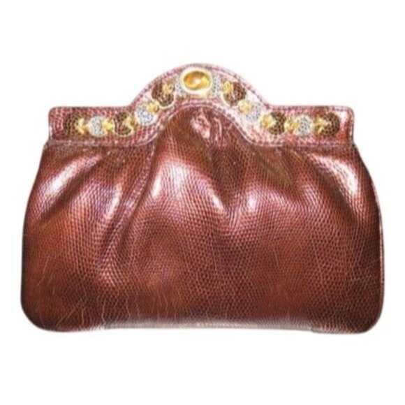J. TIRAS Metallic Copper Snakeskin Embossed Leather Crossbody Jeweled Clutch bag - Picture 1 of 15
